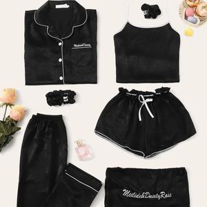 7pc Embroidery contrast binding satin night set